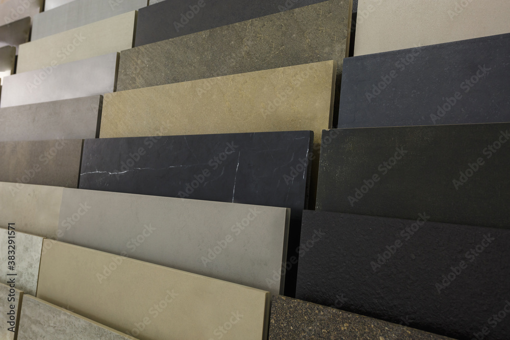 rows of ceramic tiles and natural stone inside of interior modern ...