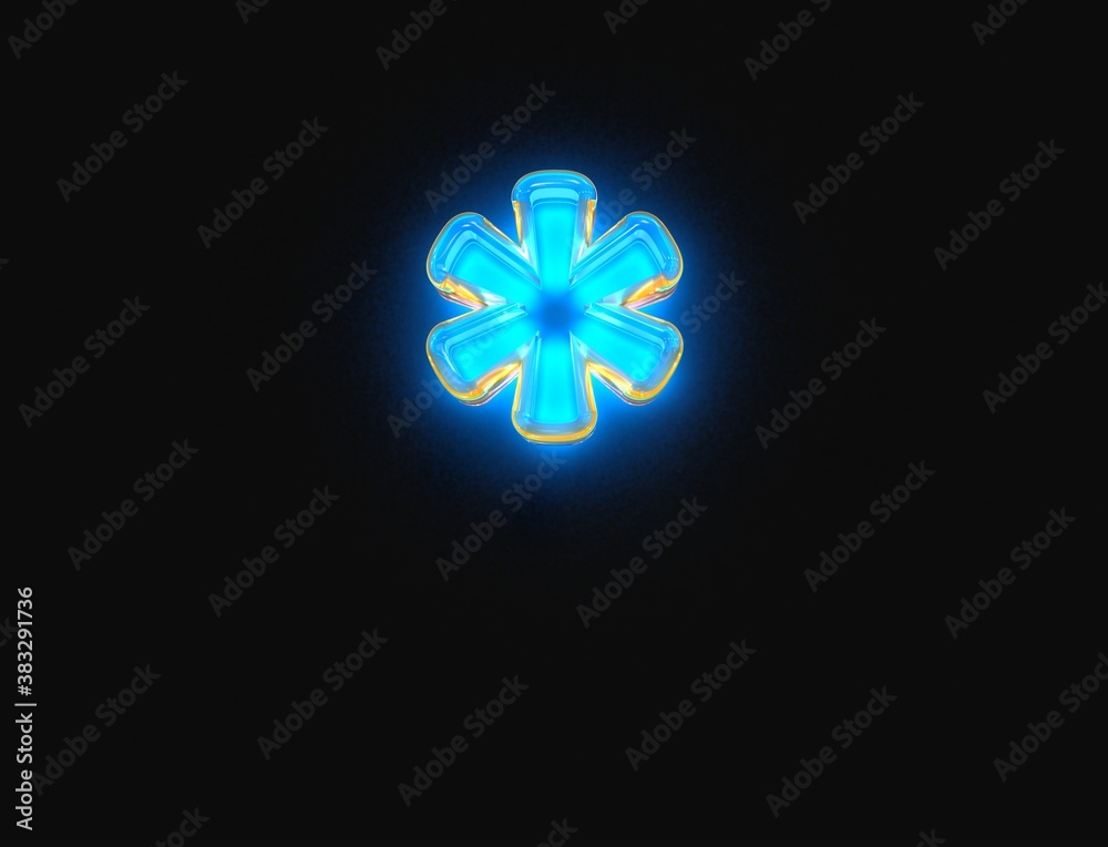 Blue and yellow shiny neon light glow clear glassy font - asterisk isolated on dark, 3D illustration of symbols Blue and yellow shiny neon light glow clear glassy font - asterisk isolated on dark, 3D illustration of symbols
