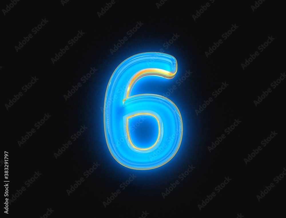 Naklejka premium Blue and yellow glossy neon light glow transparent reflective font - number 6 isolated on dark, 3D illustration of symbols