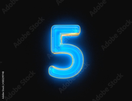 Blue and orange glossy neon light glow clear glass made font - number 5 isolated on dark background, 3D illustration of symbols