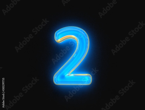 Blue and orange glossy neon light glow clear glassy font - number 2 isolated on dark background, 3D illustration of symbols