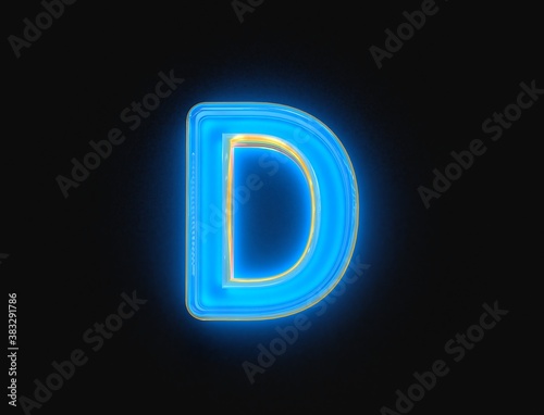 Blue and orange glossy neon light glow clear reflective font - letter D isolated on dark background, 3D illustration of symbols