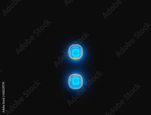 Blue and orange polished neon light glow clear glassy alphabet - colon isolated on dark background, 3D illustration of symbols