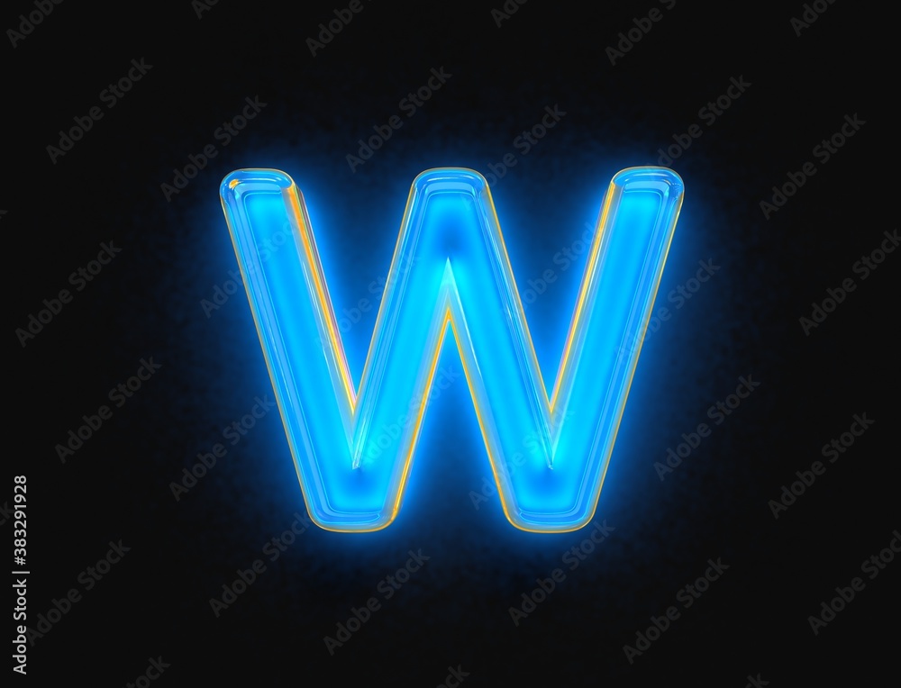 Blue and orange polished neon light glow transparent glass made alphabet - letter W isolated on dark background, 3D illustration of symbols Blue and orange polished neon light glow transparent glass made alphabet - letter W isolated on dark background, 3D illustration of symbols
