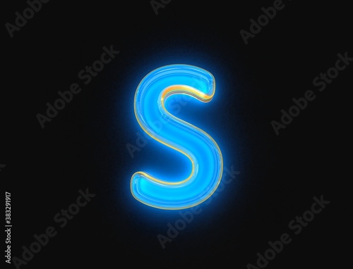 Blue and yellow glossy neon light glow crystal glassy alphabet - letter S isolated on dark, 3D illustration of symbols