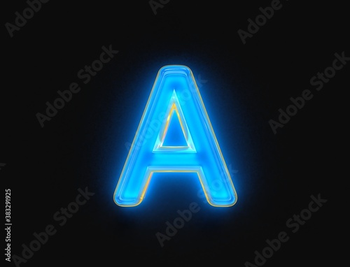 Blue and orange shine neon light glow transparent glassy font - letter A isolated on dark background, 3D illustration of symbols
