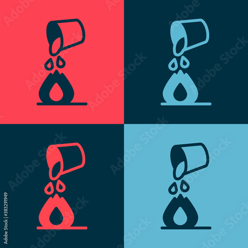 Pop art Water bucket extinguishing a fire icon isolated on color background. Vector.