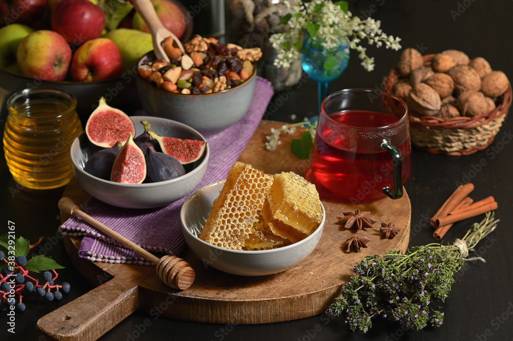 Honey, Honeycomb, Tea, Dried Fruits and Figs