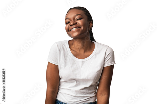 Black Lady With Dental Braces Smiling Posing Over White Background