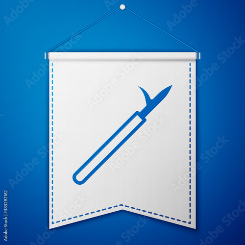 Blue Metal pike pole with wooden handle icon isolated on blue background. Spear, pickaxe, hook hand extinguishing instrument and tool for fireman. White pennant template. Vector.