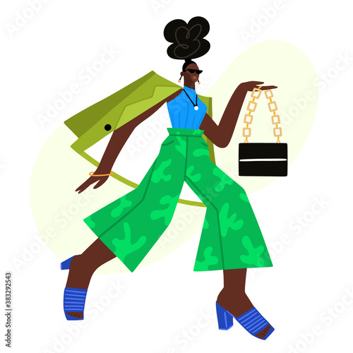 African American photo model at fashion show or photo shoot. Street style. Beautiful girl in fashionable clothes. Character design. Fashionista. Woman in green trousers, jacket and mules. Vector