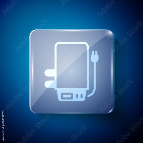 White Electric boiler for heating water icon isolated on blue background. Square glass panels. Vector.
