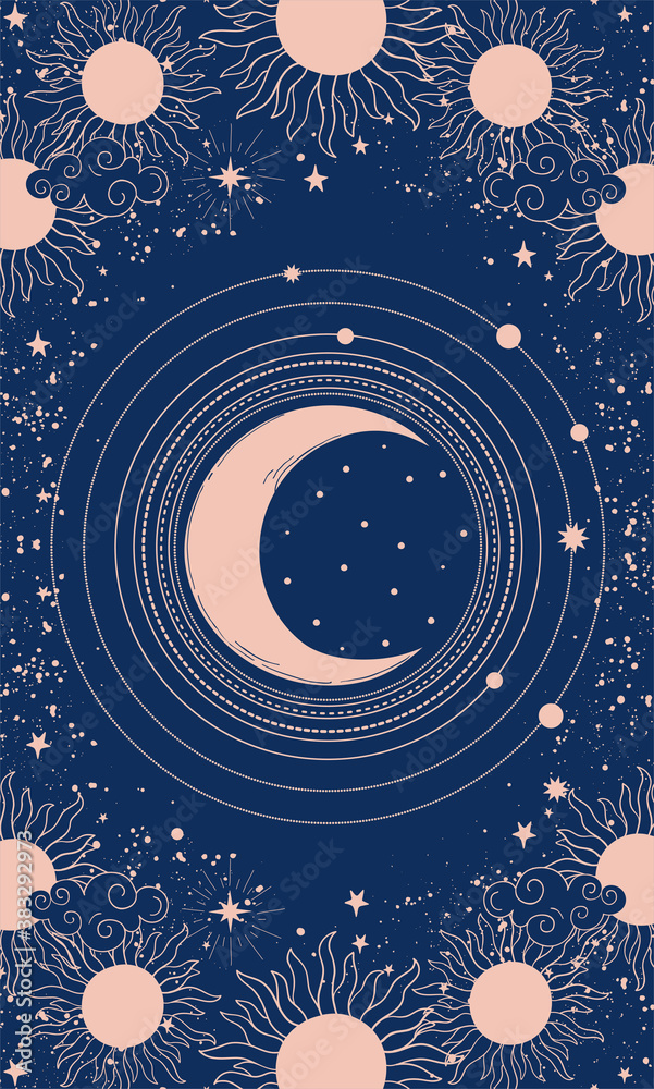 Naklejka premium Mystical drawing for design, month on a blue background. Sacred geometry, astrology, tarot, boho. Vector illustration for postcard, poster, cover.