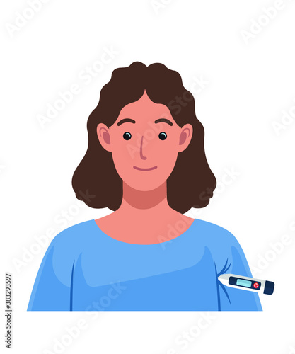 Young woman place digital thermometer in armpit to take body temperature.
Axillary method to take temperature using thermometer.