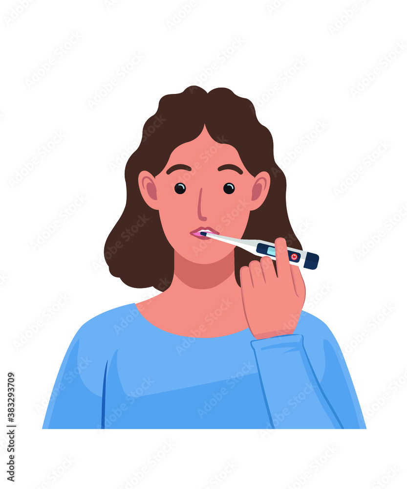 Young woman use thermometer to take body temperature vector illustration. Young woman use thermometer to take body temperature vector illustration.