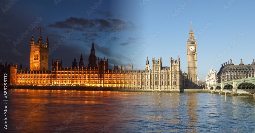 Night and day Houses of Parliament in London