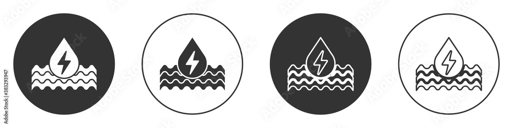 Black Water energy icon isolated on white background. Ecology concept with water droplet. Alternative energy concept. Circle button. Vector. Black Water energy icon isolated on white background. Ecology concept with water droplet. Alternative energy concept. Circle button. Vector.