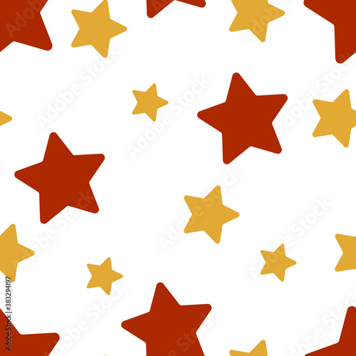 Scandinavian style seamless pattern with yellow and orange stars. Kid pattern for bed textile, room decor, baby clothes, poster, card, wrapping paper, scrapbooking, paper crafts. Christmas pattern.
