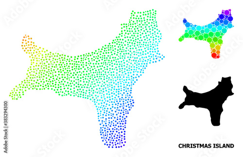 Dot bright spectral, and monochrome map of Christmas Island, and black text. Vector model is created from map of Christmas Island with round dots. Illustration is useful for geographic posters.