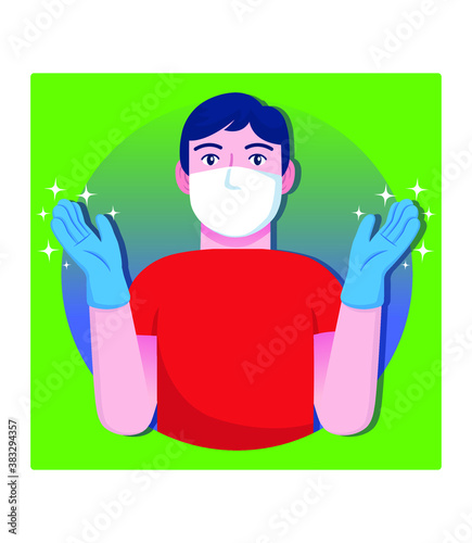 A man wearing a mask and disposable gloves vector illustration.