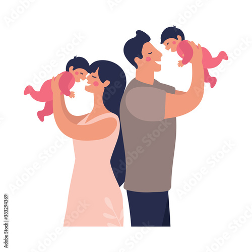 Young parents play with twins. Happy dad and mom hold children in their arms. Flat vector illustration in cartoon style isolated on white background