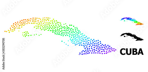 Dotted rainbow gradient  and solid map of Cuba  and black name. Vector structure is created from map of Cuba with round dots. Illustration designed for geographic templates.