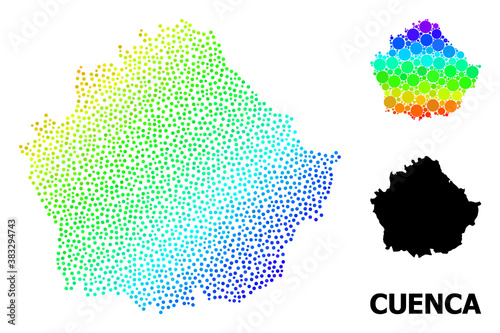 Pixelated rainbow gradient, and monochrome map of Cuenca Province, and black title. Vector structure is created from map of Cuenca Province with round dots. Template is useful for geographic posters.