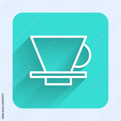 White line V60 coffee maker icon isolated with long shadow. Green square button. Vector Illustration.