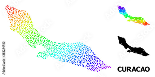 Dot spectral, and monochrome map of Curacao Island, and black text. Vector structure is created from map of Curacao Island with spheres. Illustration for political purposes.