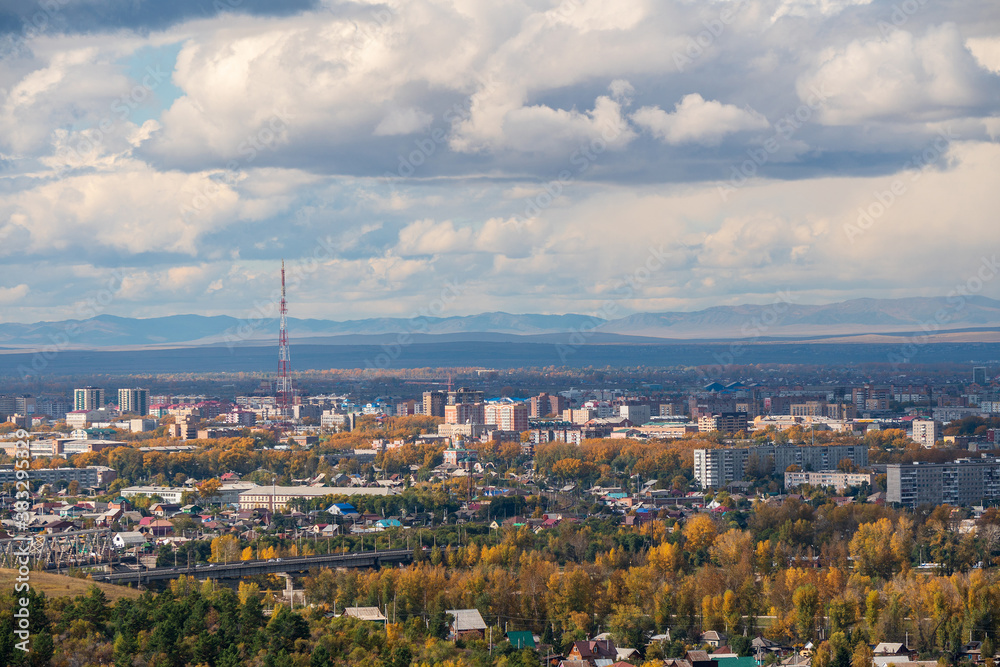 A panoramic view of the city from a bird's eye view. Abakan