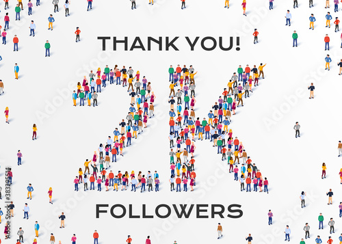 2K Followers. Group of business people are gathered together in the shape of 2000 word, for web page, banner, presentation, social media, Crowd of little people. Teamwork. Vector illustration
