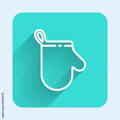 White line Oven glove icon isolated with long shadow. Kitchen potholder sign. Cooking glove. Green square button. Vector Illustration.