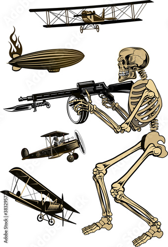 Vintage world war biplanes and Zeppelin. World War I