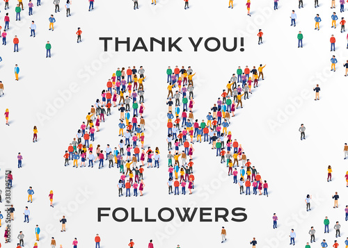 4K Followers. Group of business people are gathered together in the shape of 4000 word, for web page, banner, presentation, social media, Crowd of little people. Teamwork. Vector illustration