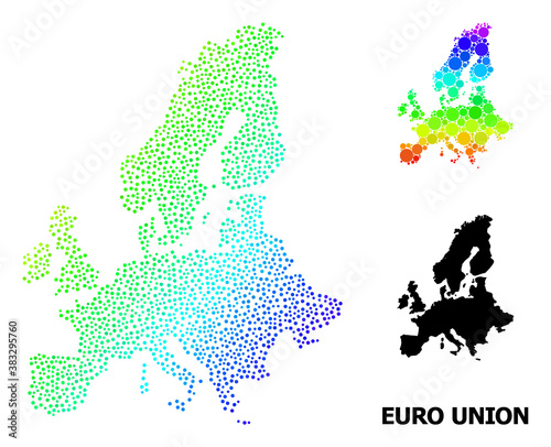 Dot rainbow gradient, and solid map of Euro Union, and black title. Vector model is created from map of Euro Union with spheres. Abstraction designed for geographic purposes.