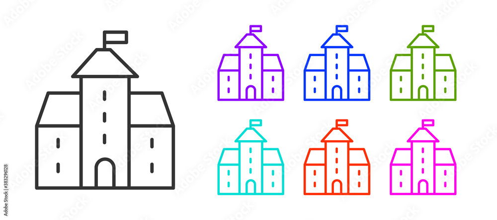 Black line Castle icon isolated on white background. Medieval fortress with a tower. Protection from enemies. Reliability and defense of the city. Set icons colorful. Vector.