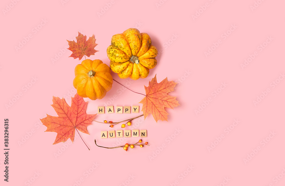 Obraz premium Happy Autumn. pumpkin, leaves, cones, nuts, cinnamon on pink background. Fall season concept. thanksgiving and halloween holiday. flat lay