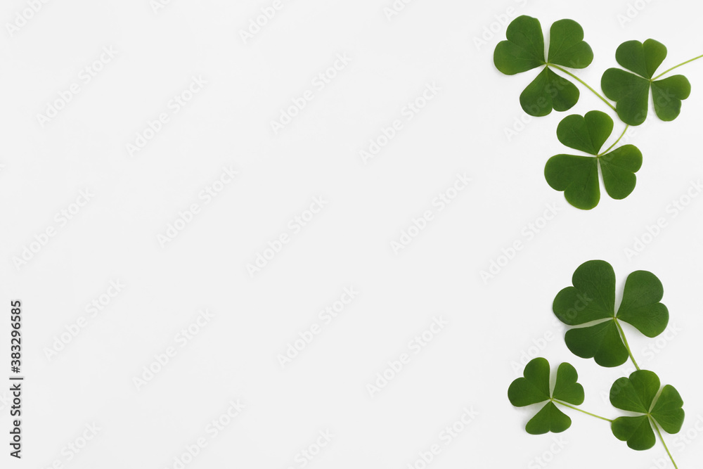 Pattern made by green leaves of clover (shamrock) with empty place on the right on light background. Pattern made by green leaves of clover (shamrock) with empty place on the right on light background.