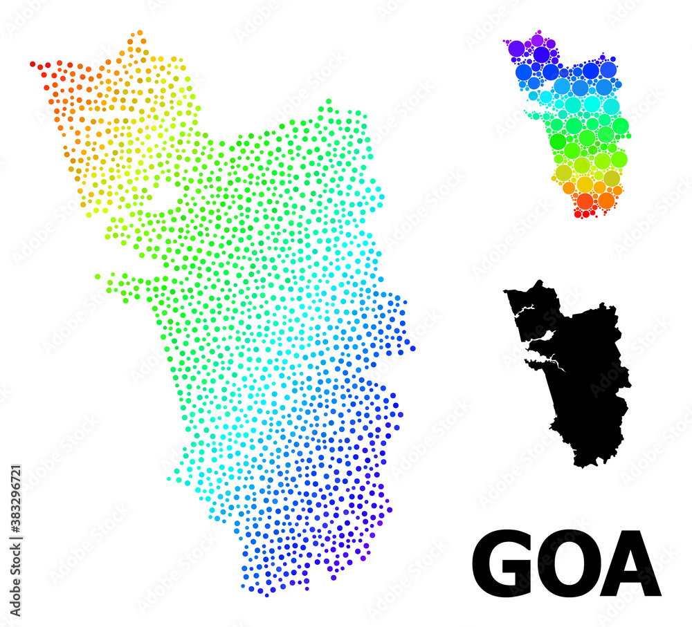 Pixel rainbow gradient, and monochrome map of Goa State, and black text. Vector structure is created from map of Goa State with round dots. Abstraction is useful for geographic posters.
