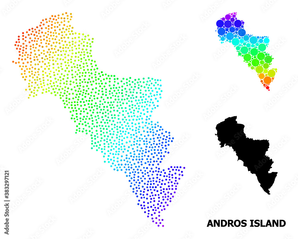 Dotted spectral, and monochrome map of Greece - Andros Island, and black tag. Vector model is created from map of Greece - Andros Island with circles. Illustration is useful for political posters.