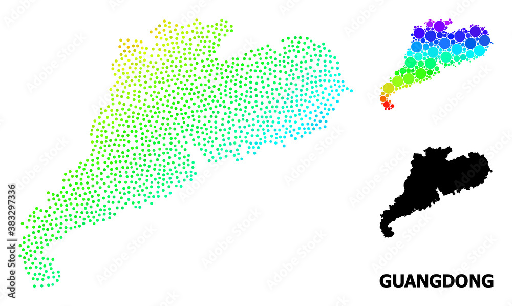 Obraz premium Pixelated rainbow gradient, and monochrome map of Guangdong Province, and black tag. Vector model is created from map of Guangdong Province with spheres. Template is useful for political purposes.