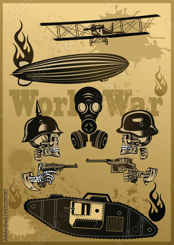 Vintage world war one biplanes and Zeppelin. World War I panzer
Skull in helmet with guns cartridges and pistols
