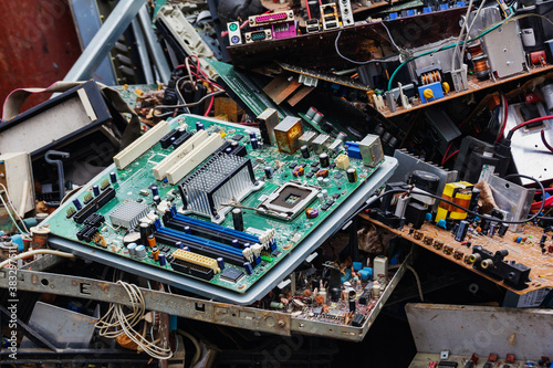 Old computer chip, garbage disposal in a junkyard.