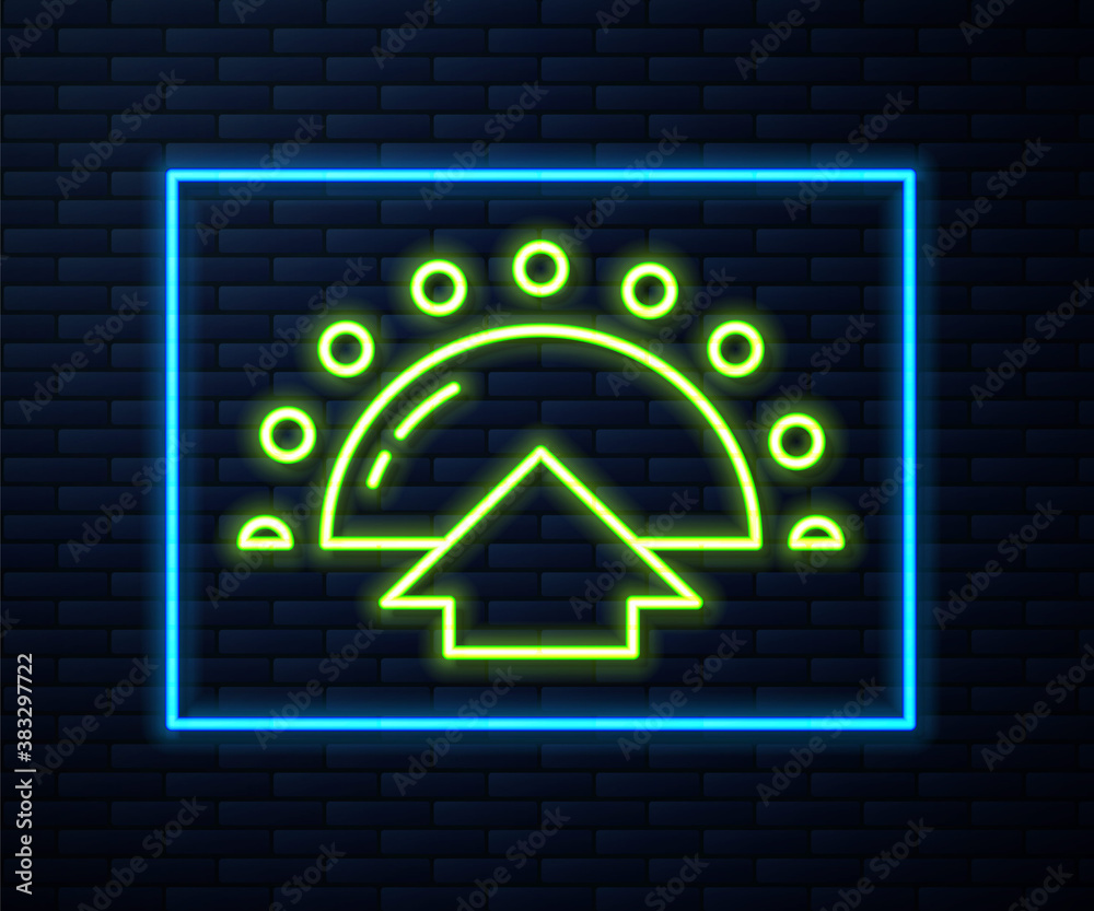 Glowing neon line Sunrise icon isolated on brick wall background. Vector. Glowing neon line Sunrise icon isolated on brick wall background. Vector.