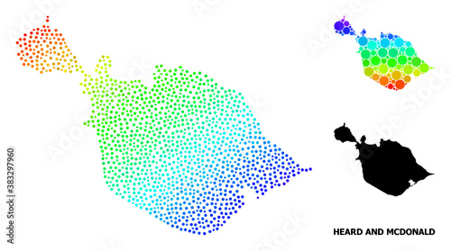 Pixel spectrum, and solid map of Heard and McDonald Islands, and black text. Vector model is created from map of Heard and McDonald Islands with spheres. Collage is useful for geographic templates. photo