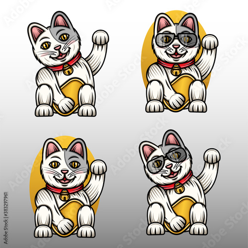 Funny lucky cat set vector illustration