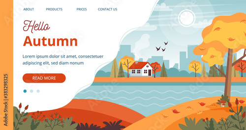 Hello Autumn template  landscape with cute house and lettering. illustration in flat style