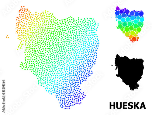 Dotted spectrum, and monochrome map of Hueska Province, and black title. Vector structure is created from map of Hueska Province with round dots. Collage is useful for geographic aims. photo