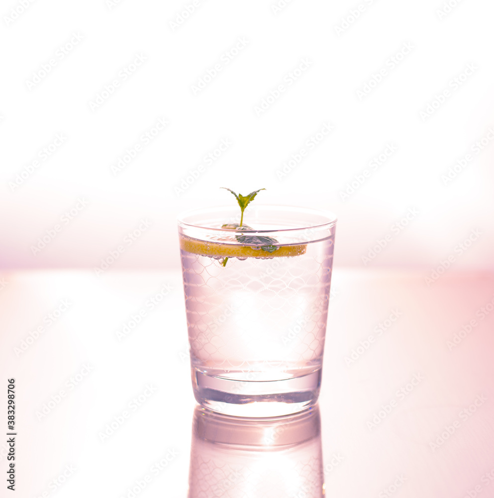 Glass of water with slice of lemon and mint - refreshing beverage Glass of water with slice of lemon and mint - refreshing beverage