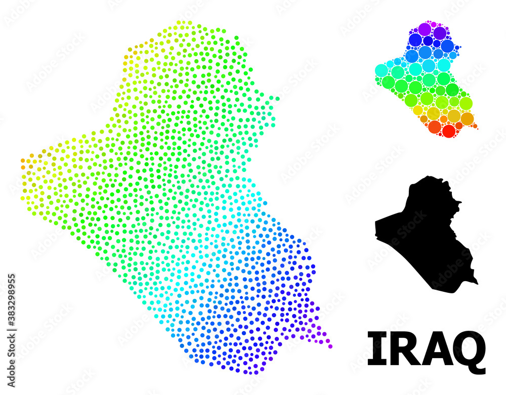 Pixelated rainbow gradient, and solid map of Iraq, and black name. Vector model is created from map of Iraq with round dots. Illustration for political templates. Colored gradient map of Iraq,